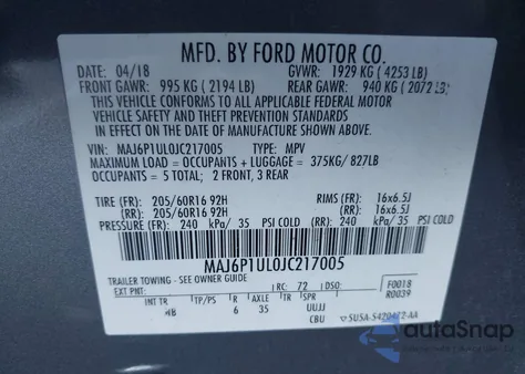 2018 Ford Ecosport Se z USA, uszkodzony, nr VIN MAJ6P1UL0JC217005